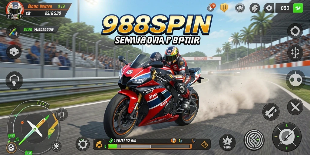 Tampilan gameplay 988SPIN dengan aksi balapan motor yang mendebarkan.