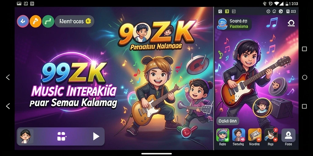 Menggambarkan gameplay interaktif 99ZK dengan musik yang energik.