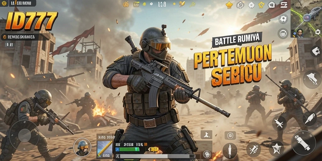 Screenshot ID777 menampilkan intensitas pertempuran dalam Battle Royale.