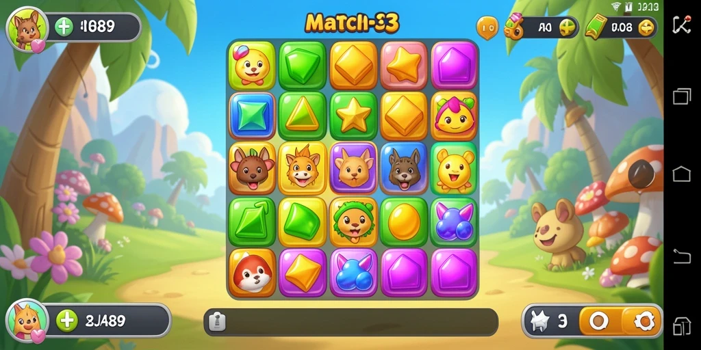 Tangkapan layar permainan OJA89 yang menunjukkan gameplay Match-3 yang menarik.