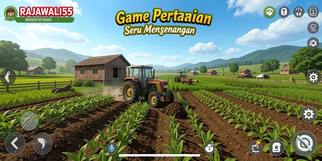 Tampilan gameplay <strong>RAJAWALI55</strong> dengan ladang yang hijau dan aktivitas bertani.