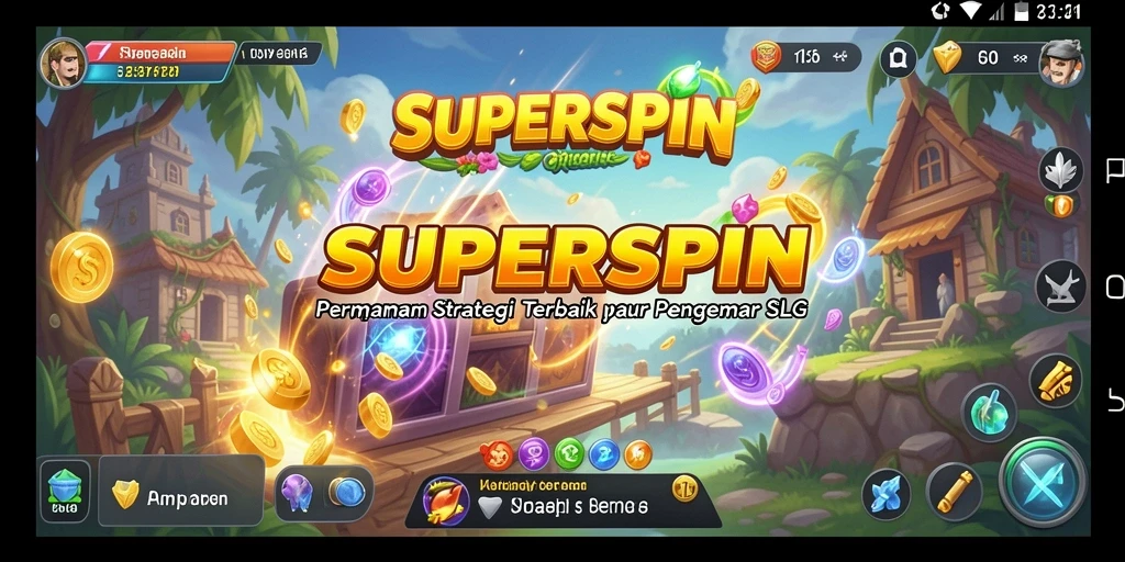 Tangkapan layar gameplay SUPERSPIN yang menunjukkan strategi dan pertempuran.