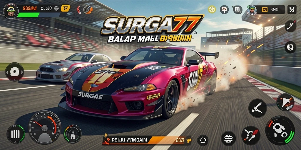 Screenshot gameplay SURGA77 menampilkan balapan seru di lintasan menantang.