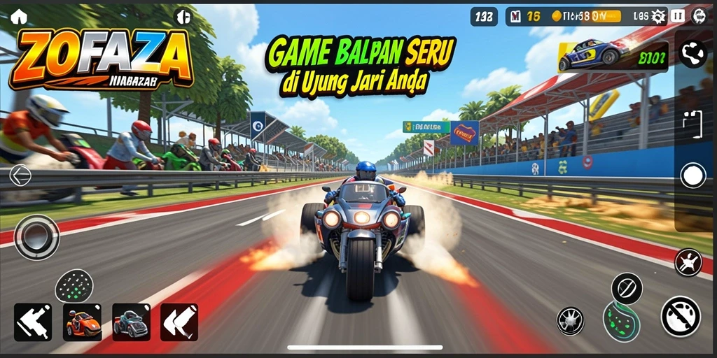 Screenshot gameplay ZOFAZA dengan aksi balapan yang seru.